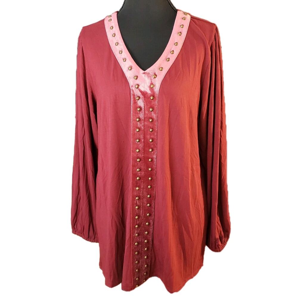 Soft Surroundings M Women's Tunic Top Deep Red Studded‎ Velvet Accents Relaxed